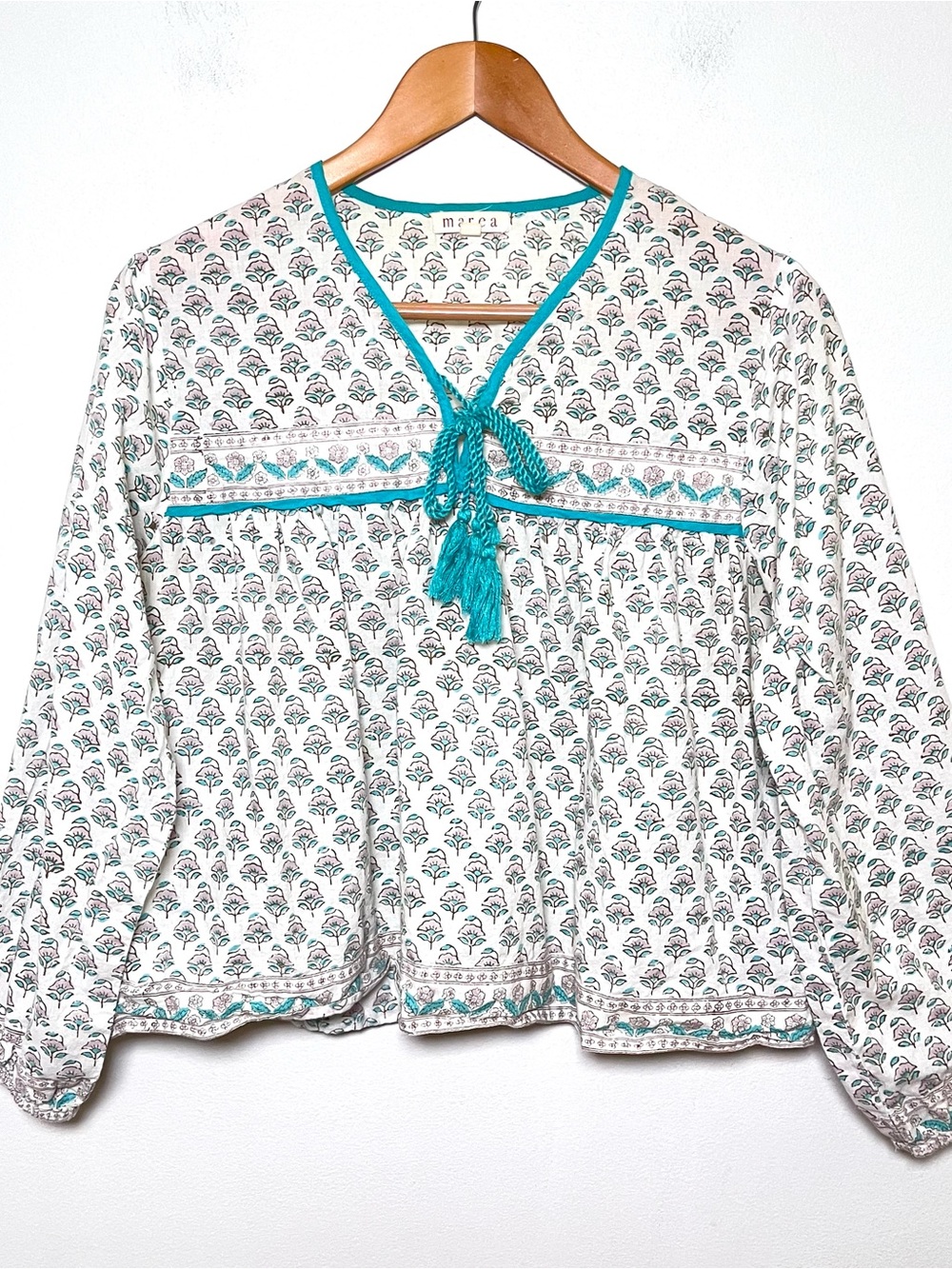 Marea Peasant Top Size Small 100% Cotton Boho Blouse Ivory Teal